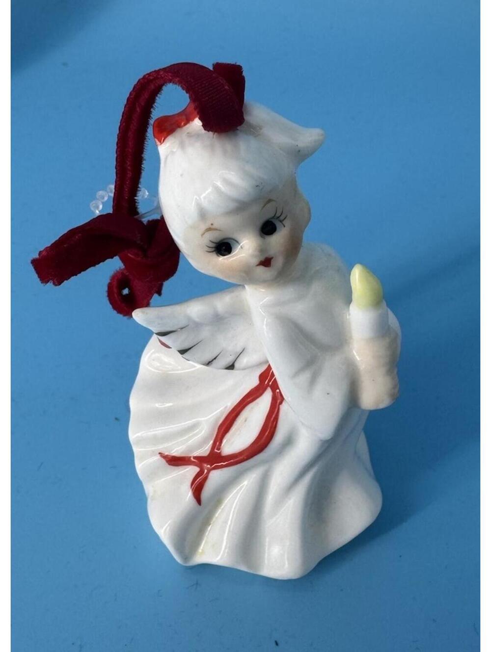 Vintage Porcelain Christmas Angel Ornament Figurine w/ Candle & Red Ribbon Bow